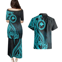Papua New Guinea Island Couples Matching Puletasi Dress and Hawaiian Shirt Bird of Paradise with Aqua Polynesian Tribal LT9 - Wonder Print Shop