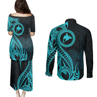 Papua New Guinea Island Couples Matching Puletasi Dress and Long Sleeve Button Shirts Bird of Paradise with Aqua Polynesian Tribal LT9 - Wonder Print Shop
