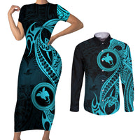 Papua New Guinea Island Couples Matching Short Sleeve Bodycon Dress and Long Sleeve Button Shirts Bird of Paradise with Aqua Polynesian Tribal LT9 - Wonder Print Shop