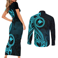 Papua New Guinea Island Couples Matching Short Sleeve Bodycon Dress and Long Sleeve Button Shirts Bird of Paradise with Aqua Polynesian Tribal LT9 - Wonder Print Shop
