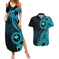 Papua New Guinea Island Couples Matching Summer Maxi Dress and Hawaiian Shirt Bird of Paradise with Aqua Polynesian Tribal LT9 - Wonder Print Shop
