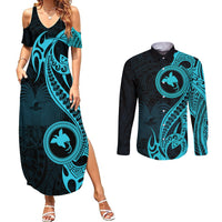 Papua New Guinea Island Couples Matching Summer Maxi Dress and Long Sleeve Button Shirts Bird of Paradise with Aqua Polynesian Tribal LT9 - Wonder Print Shop