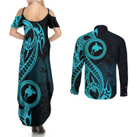 Papua New Guinea Island Couples Matching Summer Maxi Dress and Long Sleeve Button Shirts Bird of Paradise with Aqua Polynesian Tribal LT9 - Wonder Print Shop