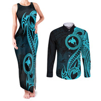 Papua New Guinea Island Couples Matching Tank Maxi Dress and Long Sleeve Button Shirts Bird of Paradise with Aqua Polynesian Tribal LT9 - Wonder Print Shop