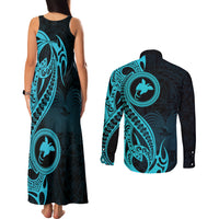 Papua New Guinea Island Couples Matching Tank Maxi Dress and Long Sleeve Button Shirts Bird of Paradise with Aqua Polynesian Tribal LT9 - Wonder Print Shop