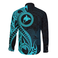 Papua New Guinea Island Long Sleeve Button Shirt Bird of Paradise with Aqua Polynesian Tribal - Wonder Print Shop
