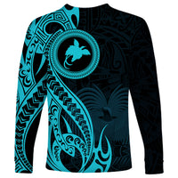 Papua New Guinea Island Long Sleeve Shirt Bird of Paradise with Aqua Polynesian Tribal - Wonder Print Shop