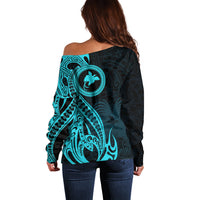 Papua New Guinea Island Off Shoulder Sweater Bird of Paradise with Aqua Polynesian Tribal - Wonder Print Shop