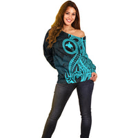 Papua New Guinea Island Off Shoulder Sweater Bird of Paradise with Aqua Polynesian Tribal - Wonder Print Shop