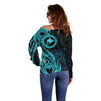 Papua New Guinea Island Off Shoulder Sweater Bird of Paradise with Aqua Polynesian Tribal - Wonder Print Shop