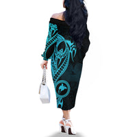 Papua New Guinea Island Off The Shoulder Long Sleeve Dress Bird of Paradise with Aqua Polynesian Tribal - Wonder Print Shop