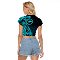 Papua New Guinea Island Raglan Cropped T Shirt Bird of Paradise with Aqua Polynesian Tribal - Wonder Print Shop
