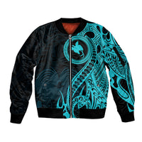 Papua New Guinea Island Sleeve Zip Bomber Jacket Bird of Paradise with Aqua Polynesian Tribal - Wonder Print Shop