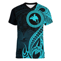 Papua New Guinea Island Women V Neck T Shirt Bird of Paradise with Aqua Polynesian Tribal - Wonder Print Shop