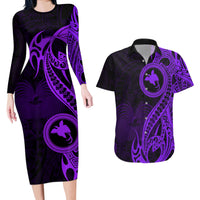 Papua New Guinea Island Couples Matching Long Sleeve Bodycon Dress and Hawaiian Shirt Bird of Paradise with Purple Polynesian Tribal LT9 - Wonder Print Shop