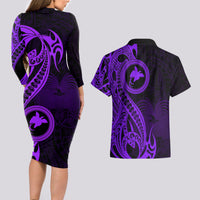 Papua New Guinea Island Couples Matching Long Sleeve Bodycon Dress and Hawaiian Shirt Bird of Paradise with Purple Polynesian Tribal LT9 - Wonder Print Shop