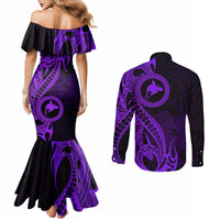 papua-new-guinea-island-couples-matching-mermaid-dress-and-long-sleeve-button-shirts-bird-of-paradise-with-purple-polynesian-tribal