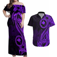 Papua New Guinea Island Couples Matching Off Shoulder Maxi Dress and Hawaiian Shirt Bird of Paradise with Purple Polynesian Tribal LT9 - Wonder Print Shop