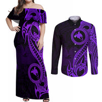 Papua New Guinea Island Couples Matching Off Shoulder Maxi Dress and Long Sleeve Button Shirts Bird of Paradise with Purple Polynesian Tribal LT9 - Wonder Print Shop