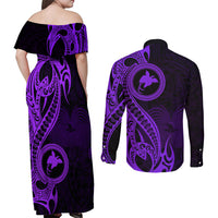 Papua New Guinea Island Couples Matching Off Shoulder Maxi Dress and Long Sleeve Button Shirts Bird of Paradise with Purple Polynesian Tribal LT9 - Wonder Print Shop