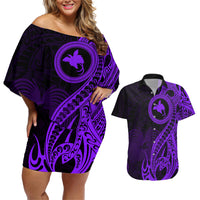 Papua New Guinea Island Couples Matching Off Shoulder Short Dress and Hawaiian Shirt Bird of Paradise with Purple Polynesian Tribal LT9 - Wonder Print Shop