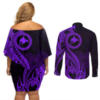 Papua New Guinea Island Couples Matching Off Shoulder Short Dress and Long Sleeve Button Shirts Bird of Paradise with Purple Polynesian Tribal LT9 - Wonder Print Shop