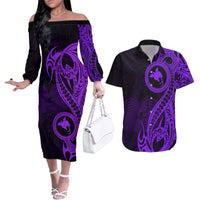 Papua New Guinea Island Couples Matching Off The Shoulder Long Sleeve Dress and Hawaiian Shirt Bird of Paradise with Purple Polynesian Tribal LT9 - Wonder Print Shop