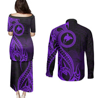 Papua New Guinea Island Couples Matching Puletasi Dress and Long Sleeve Button Shirts Bird of Paradise with Purple Polynesian Tribal LT9 - Wonder Print Shop