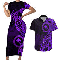 Papua New Guinea Island Couples Matching Short Sleeve Bodycon Dress and Hawaiian Shirt Bird of Paradise with Purple Polynesian Tribal LT9 - Wonder Print Shop