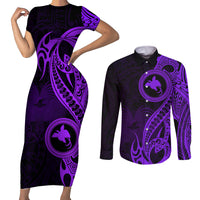 Papua New Guinea Island Couples Matching Short Sleeve Bodycon Dress and Long Sleeve Button Shirts Bird of Paradise with Purple Polynesian Tribal LT9 - Wonder Print Shop