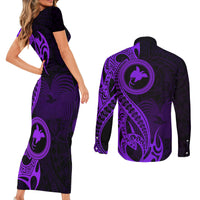 Papua New Guinea Island Couples Matching Short Sleeve Bodycon Dress and Long Sleeve Button Shirts Bird of Paradise with Purple Polynesian Tribal LT9 - Wonder Print Shop