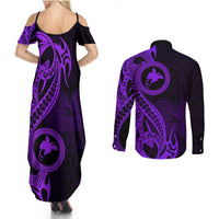 Papua New Guinea Island Couples Matching Summer Maxi Dress and Long Sleeve Button Shirts Bird of Paradise with Purple Polynesian Tribal LT9 - Wonder Print Shop