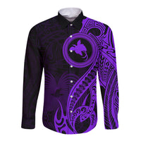 Papua New Guinea Island Long Sleeve Button Shirt Bird of Paradise with Purple Polynesian Tribal - Wonder Print Shop
