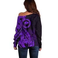 Papua New Guinea Island Off Shoulder Sweater Bird of Paradise with Purple Polynesian Tribal - Wonder Print Shop