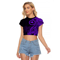 Papua New Guinea Island Raglan Cropped T Shirt Bird of Paradise with Purple Polynesian Tribal - Wonder Print Shop