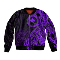 Papua New Guinea Island Sleeve Zip Bomber Jacket Bird of Paradise with Purple Polynesian Tribal - Wonder Print Shop