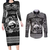 Personalized Caernarfonshire Sir Gaernarfon Couples Matching Long Sleeve Bodycon Dress and Long Sleeve Button Shirt Black Castle Tower Celtic-inspired - Wonder Print Shop