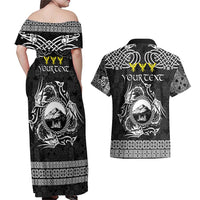 Personalized Caernarfonshire Sir Gaernarfon Couples Matching Off Shoulder Maxi Dress and Hawaiian Shirt Black Castle Tower Celtic-inspired - Wonder Print Shop