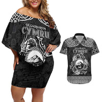 Personalized Caernarfonshire Sir Gaernarfon Couples Matching Off Shoulder Short Dress and Hawaiian Shirt Black Castle Tower Celtic-inspired - Wonder Print Shop