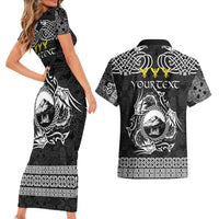 Personalized Caernarfonshire Sir Gaernarfon Couples Matching Short Sleeve Bodycon Dress and Hawaiian Shirt Black Castle Tower Celtic-inspired - Wonder Print Shop