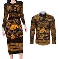 Personalized Caernarfonshire Sir Gaernarfon Couples Matching Long Sleeve Bodycon Dress and Long Sleeve Button Shirt Gold Castle Tower Celtic-inspired - Wonder Print Shop