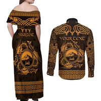 Personalized Caernarfonshire Sir Gaernarfon Couples Matching Off Shoulder Maxi Dress and Long Sleeve Button Shirt Gold Castle Tower Celtic-inspired - Wonder Print Shop
