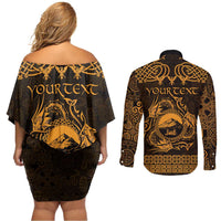Personalized Caernarfonshire Sir Gaernarfon Couples Matching Off Shoulder Short Dress and Long Sleeve Button Shirt Gold Castle Tower Celtic-inspired - Wonder Print Shop