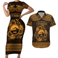 Personalized Caernarfonshire Sir Gaernarfon Couples Matching Short Sleeve Bodycon Dress and Hawaiian Shirt Gold Castle Tower Celtic-inspired - Wonder Print Shop