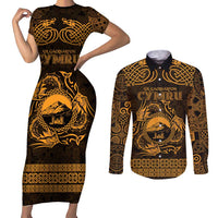 Personalized Caernarfonshire Sir Gaernarfon Couples Matching Short Sleeve Bodycon Dress and Long Sleeve Button Shirt Gold Castle Tower Celtic-inspired - Wonder Print Shop