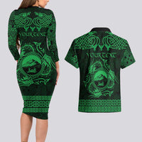 Personalized Caernarfonshire Sir Gaernarfon Couples Matching Long Sleeve Bodycon Dress and Hawaiian Shirt Green Castle Tower Celtic-inspired - Wonder Print Shop