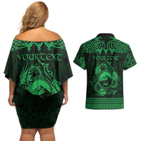 Personalized Caernarfonshire Sir Gaernarfon Couples Matching Off Shoulder Short Dress and Hawaiian Shirt Green Castle Tower Celtic-inspired - Wonder Print Shop
