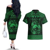 Personalized Caernarfonshire Sir Gaernarfon Couples Matching Off The Shoulder Long Sleeve Dress and Hawaiian Shirt Green Castle Tower Celtic-inspired - Wonder Print Shop