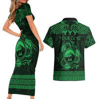 Personalized Caernarfonshire Sir Gaernarfon Couples Matching Short Sleeve Bodycon Dress and Hawaiian Shirt Green Castle Tower Celtic-inspired - Wonder Print Shop