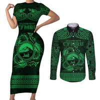 Personalized Caernarfonshire Sir Gaernarfon Couples Matching Short Sleeve Bodycon Dress and Long Sleeve Button Shirt Green Castle Tower Celtic-inspired - Wonder Print Shop